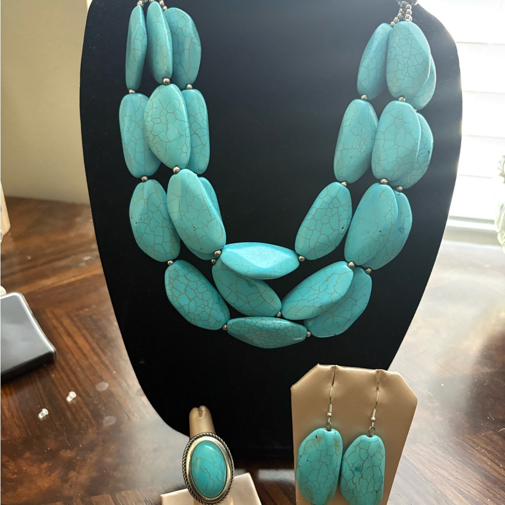 Turquoise Stone Statement Necklace, Earrings & Ring Set - Women Jewelry